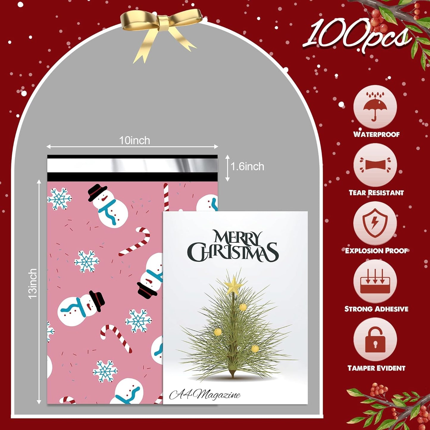 Christmas Poly Mailer 10x13 Inch 100 Pcs, Waterproof Shipping Bags for Clothing, Tear-Resistant Mailier, Strong Mailing With Self-Seal - Snowmen Printed
