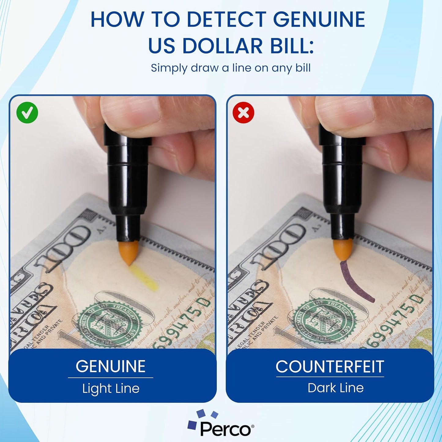 Perco Counterfeit Money Detector Pen (2 Pack) - Easy to Use and Reliable Universal Currency Fake Bill Checker for Personal & Commercial Use - Ensures Authenticity & Prevents Fraud