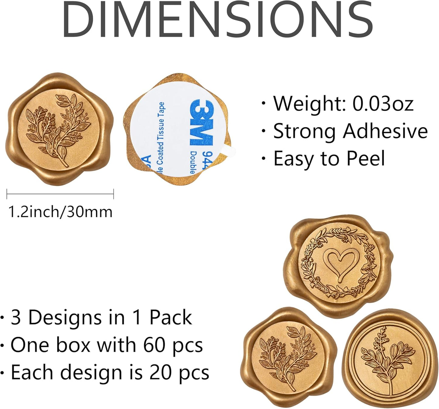 60 Pcs Vintage Gold Wax Seal Stickers Self-Adhesive Envelope Seals Stamp Stickers, Perfect for Wedding Invitations Seating Chart Christmas Gift Wrapping 3 Designs in 1 Pack