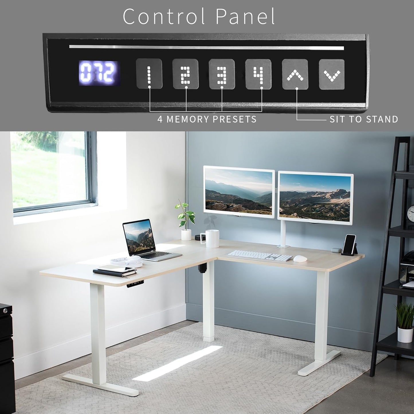 VIVO Electric Corner L-Shaped 63 x 55 in Standing Desk, Memory Height Adjustment, Light Wood Top White Frame, DESK-E3CTC