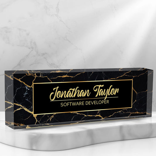 Custom Desk Name Plate Personalized, Acrylic Name Plate for Desk, Office Desk Decor for Women and Men, Employee Appreciation Gifts Office Gifts for Boss, Manager, Teacher, Nurse (Black Gold Marble)
