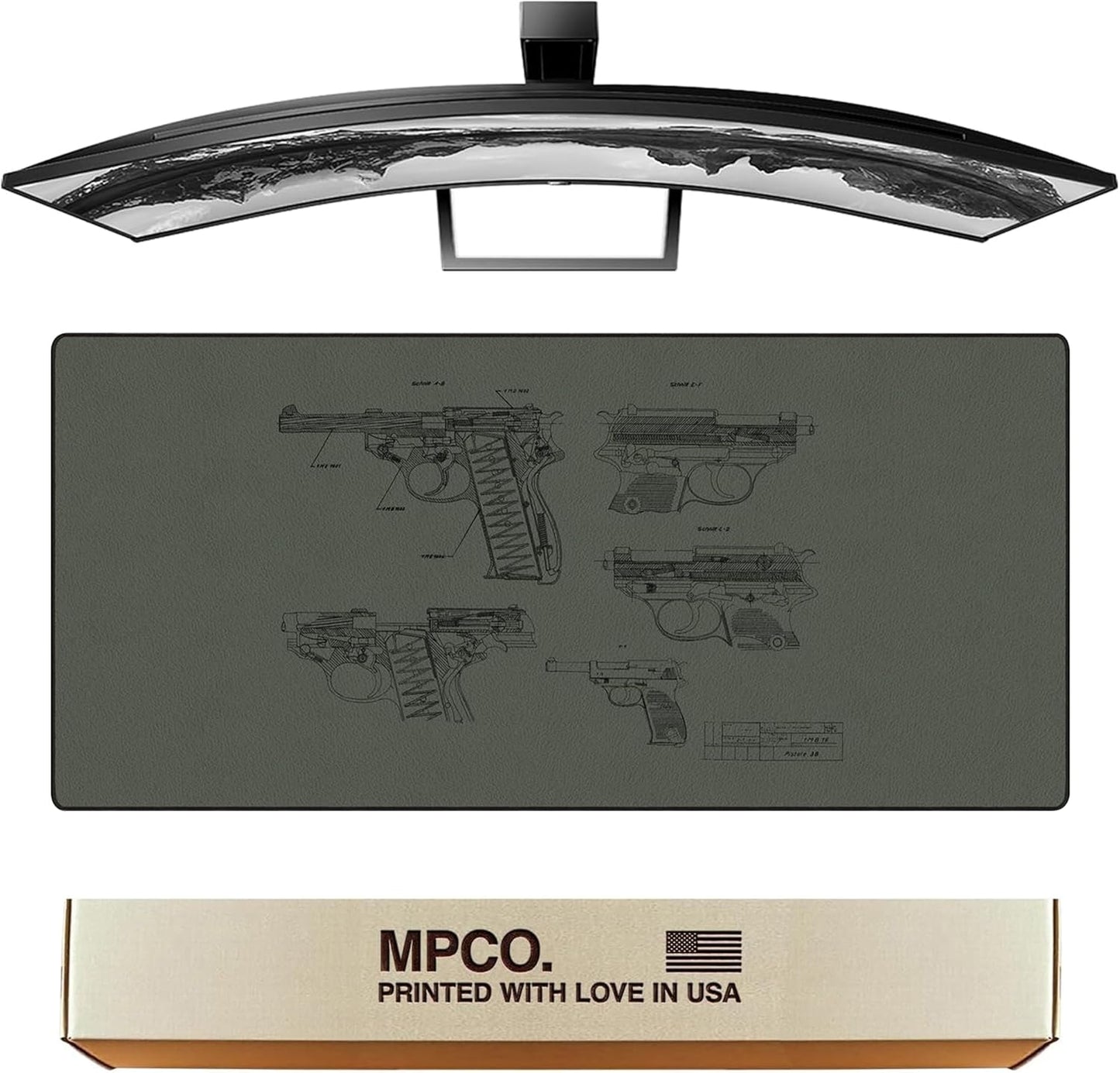 MPCO. Blueprints Large Gaming Desk Pad - 36" x 17" Duraglyde Fabric Pistol 38 – Green Desk Mats - Non-Slip, Washable, Smooth Glide for Precision Gaming & Work