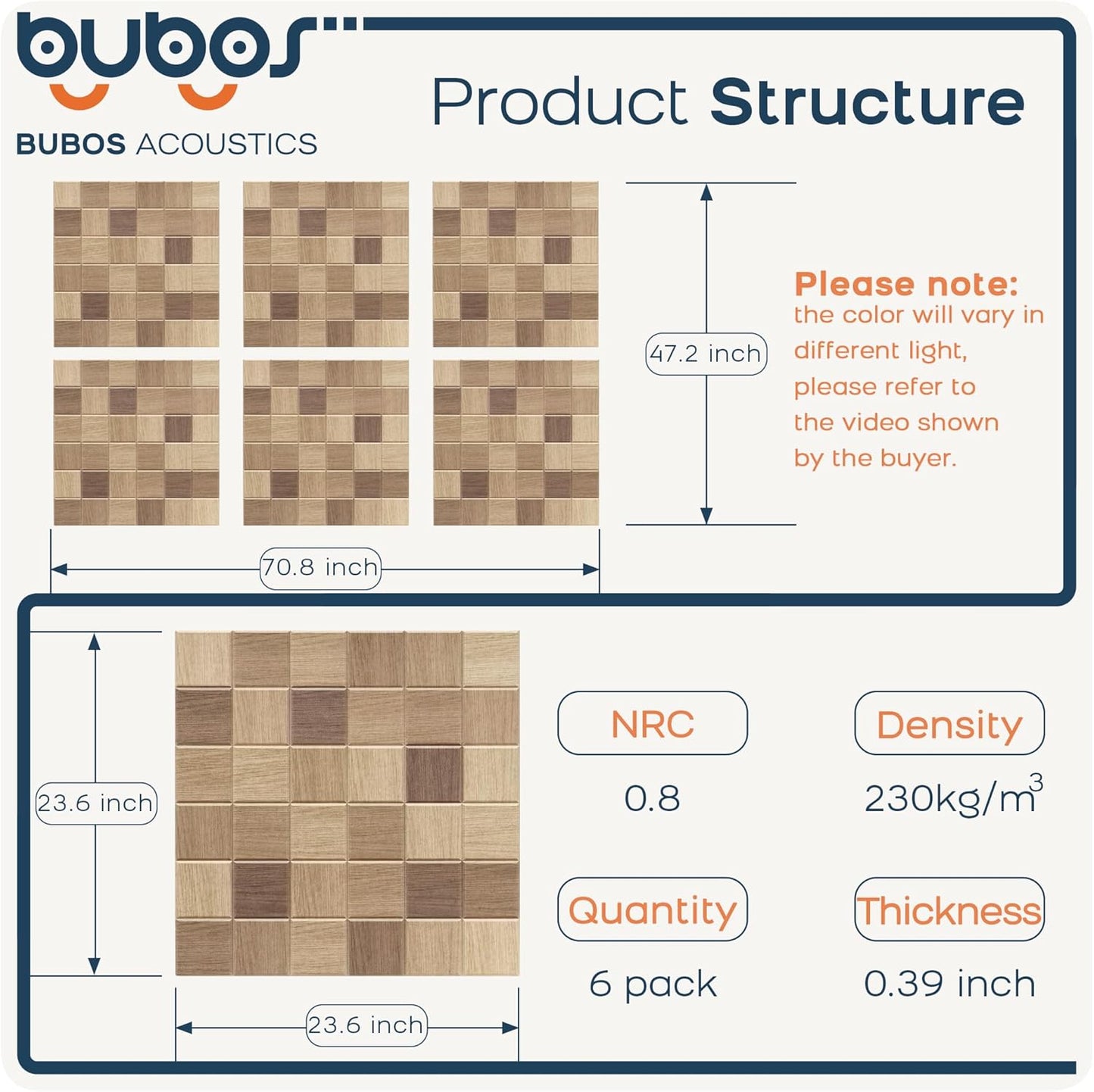 BUBOS Large Acoustic Panels,6 Pack Wood-Pattern Printing Soundproof Wall Panels, Total Size 70.8 x 47.2 Inches Self-Adhesive Decorative Sound Absorbing Panels for Studio, Home,36-Cell Parquet Weave
