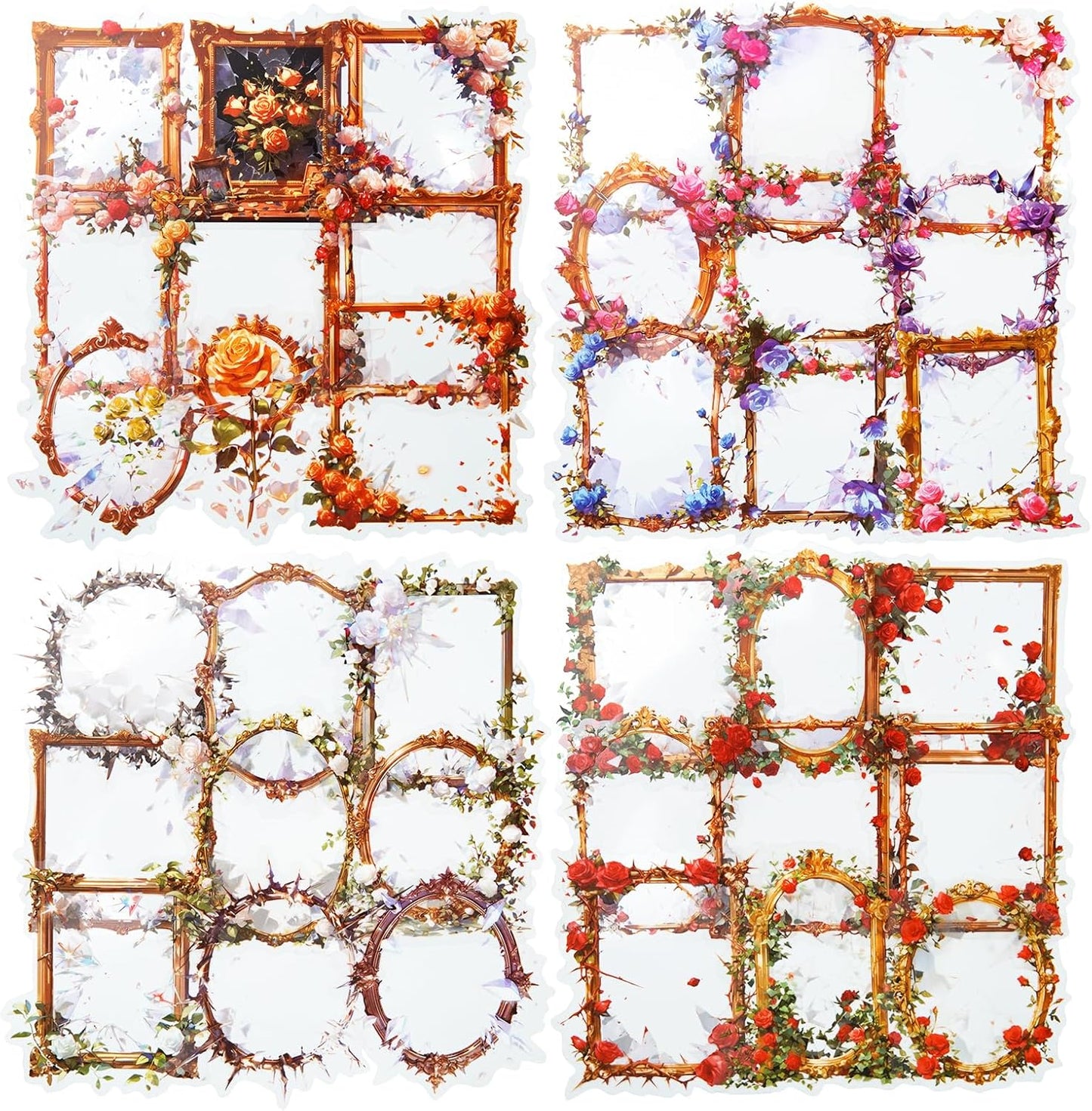 Broken Mirror Frame Stickers Set, 40PCS Gothic Rose PET Scrapbook Supplies for Journaling, DIY Crafts, and Planners