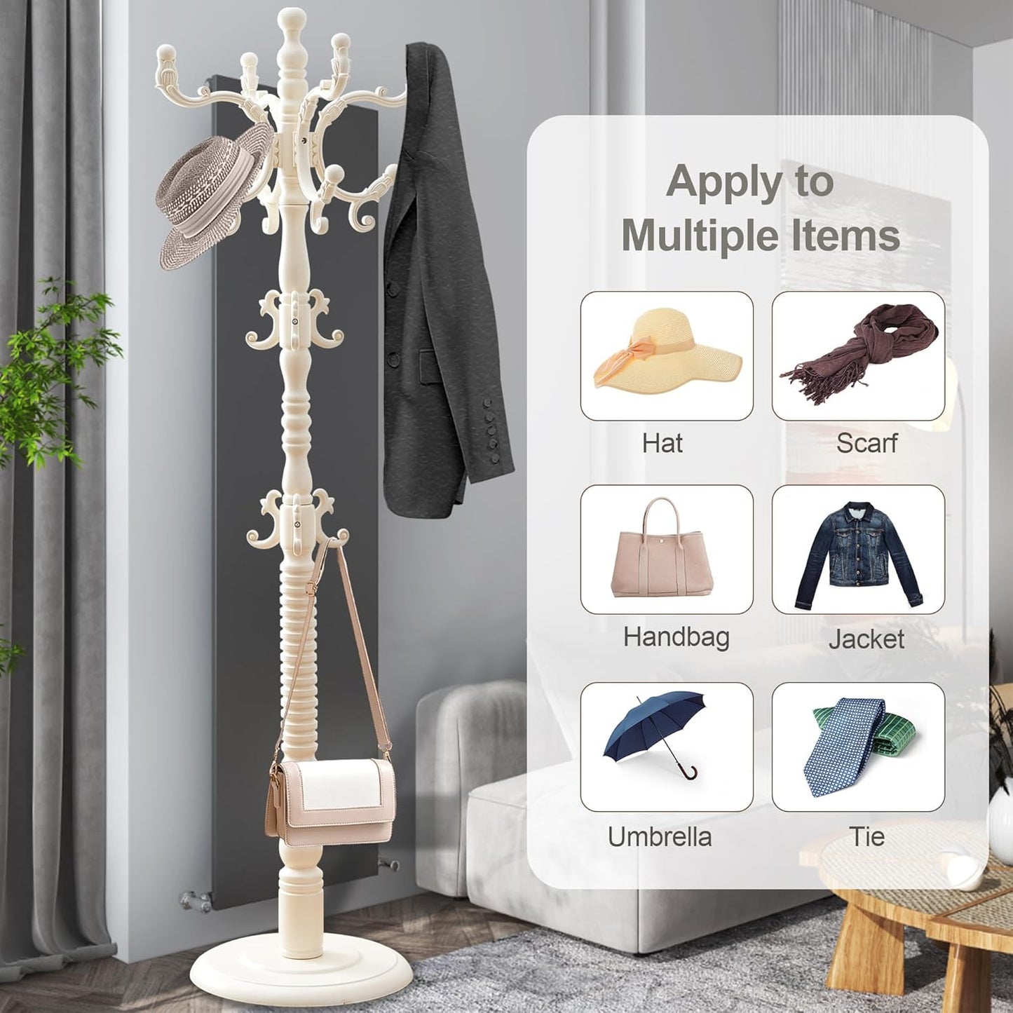 Wooden Coat Rack Free standing 18 Hooks, Vintage Coat Rack Stand for Entryway, Adjustable Height 73", Heavy Duty Coat Tree with Solid Round Base for Home Bedroom, Office (White style)