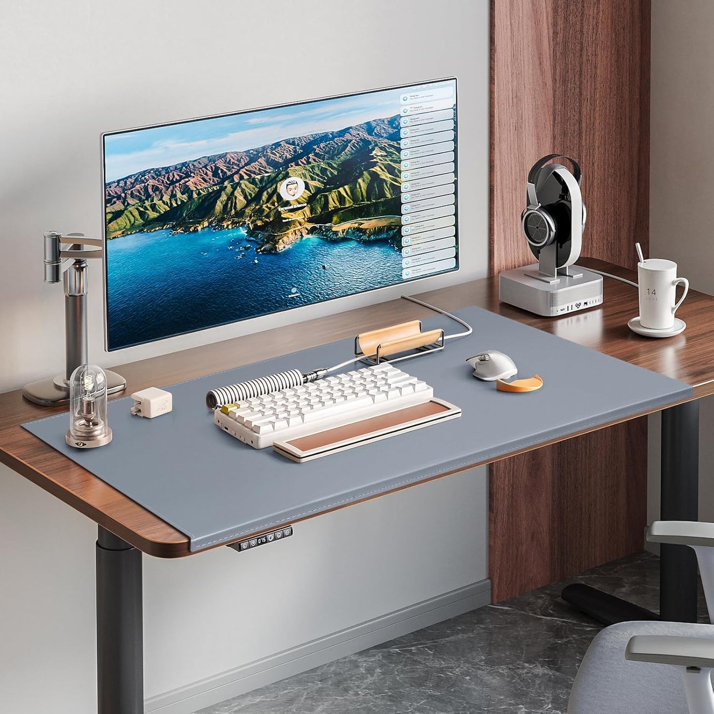 AKOZLIN 35.4"x 18.9" Soft PU Leather Surface Office Desk Mouse Mat Anti-Push Pad with Full Grip Fixation Lip Table Blotter Edge-Locked Protector Grey