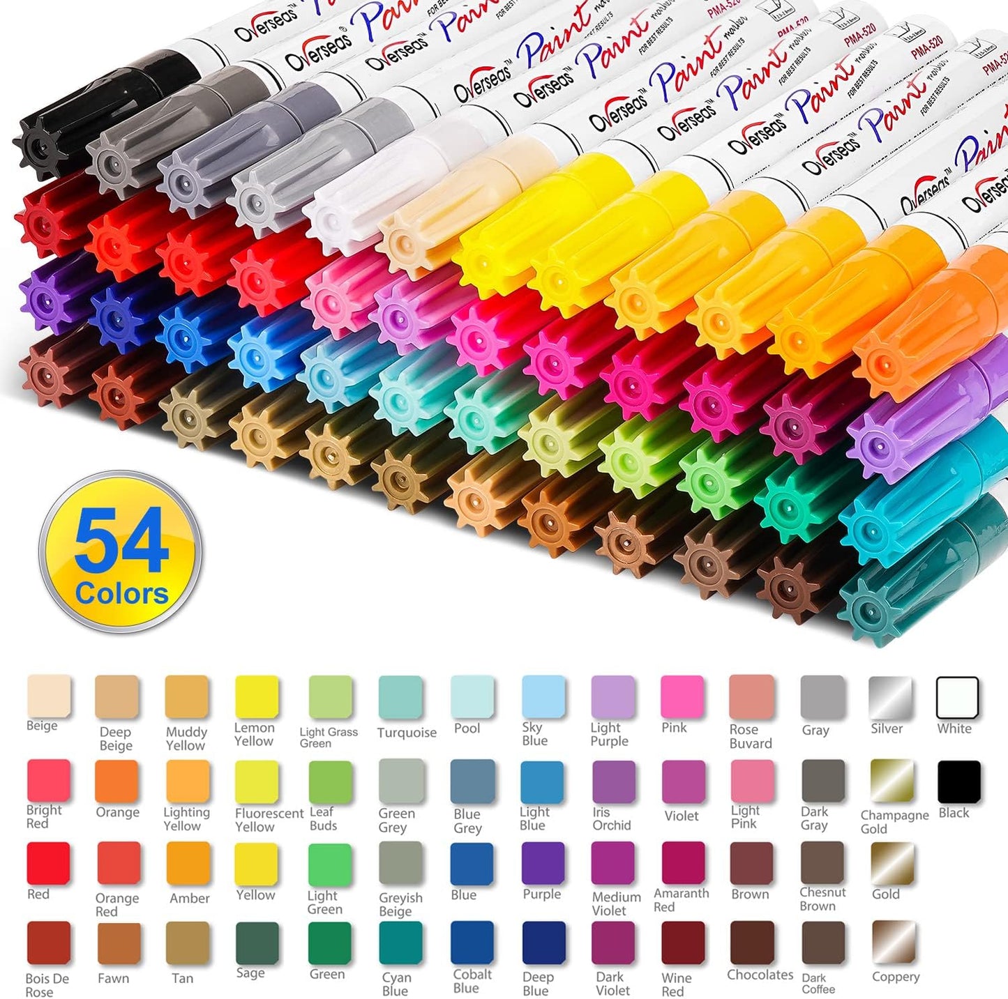 Overseas 54 Colors Paint Pens, Oil Based Assorted Colors Permanent Markers - Medium Tip, Quick Dry, Waterproof Paint Markers for Metal, Wood, Plastic, Rock, Stone, Canvas, Glass, Rubber, Leather