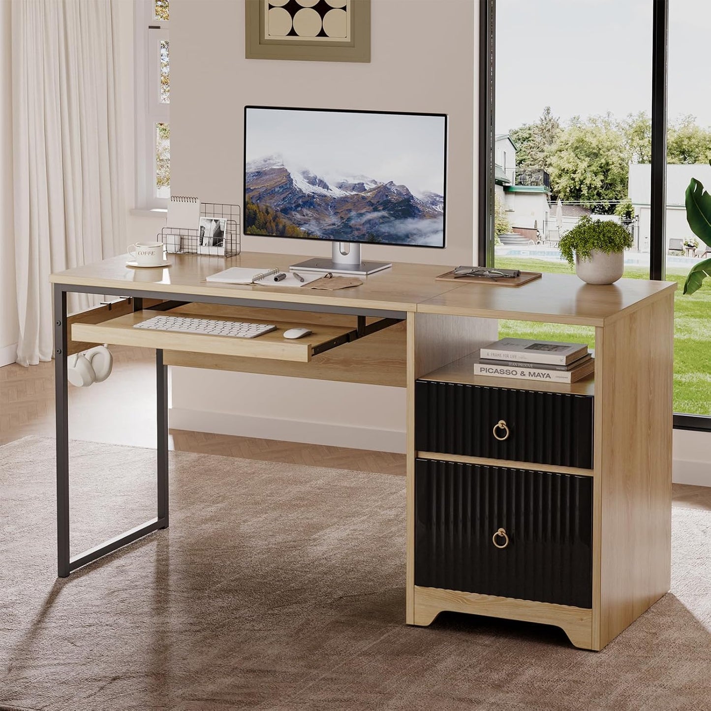 Bestier 55 Inch Computer Desk with Keyboard Tray, Modern Office Desk with Storage, Wood Writing Desk with File Drawer, Fluted Panel & 2 Hooks for Home Office & Studio, Natural Oak