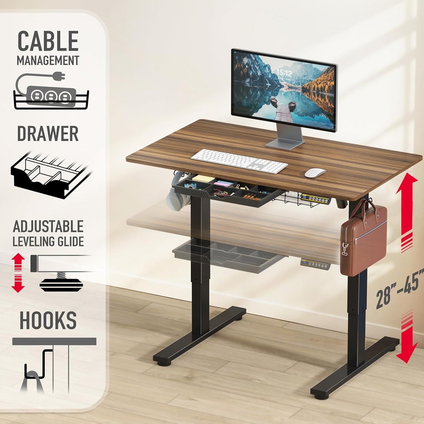 SHW 40-Inch Electric Height Adjustable Standing Desk with Drawer, Memory Preset and Cable Management Tray, Walnut