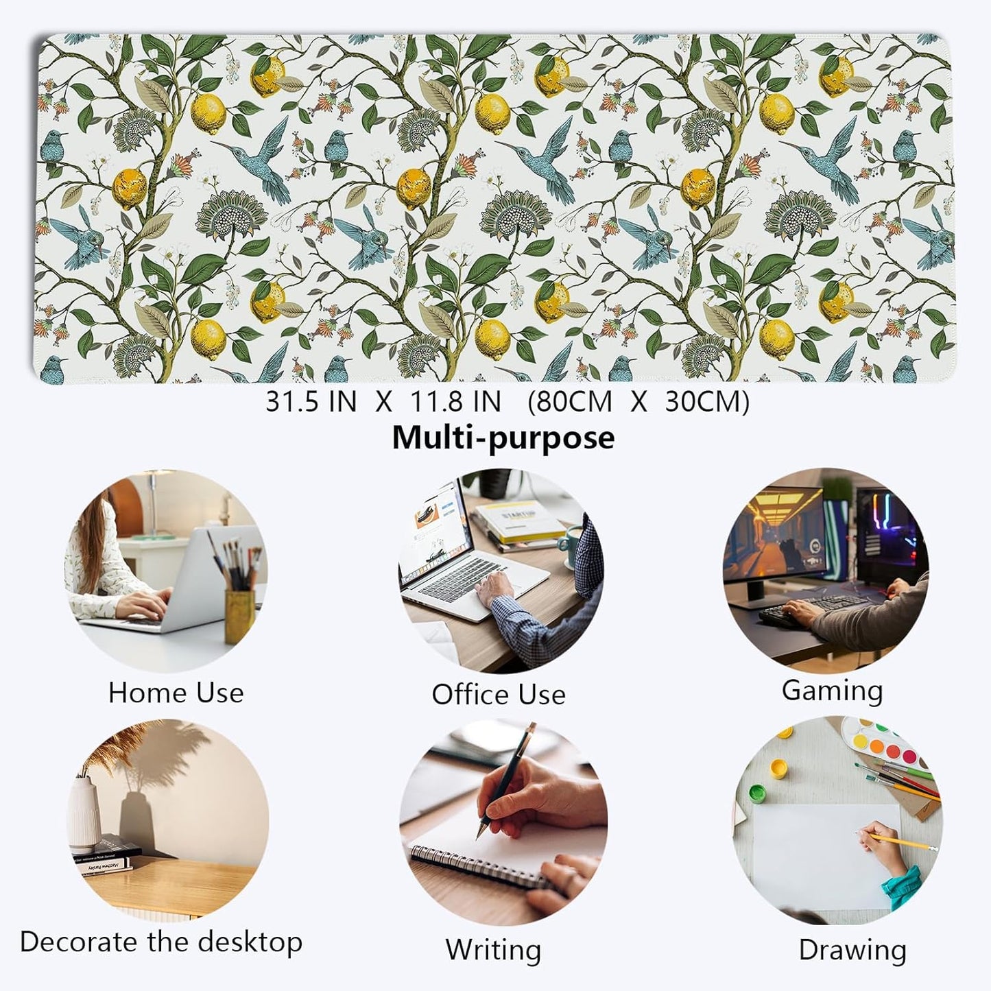 Lemon Mouse Pad,Green and Yellow Italian Lemon Desk Mat,Vintage Cottagecore Floral Desk Mat,Girly Summer Mouse Pads for Dorm Home Office Desktop Decor,31.5x11.8 Inch