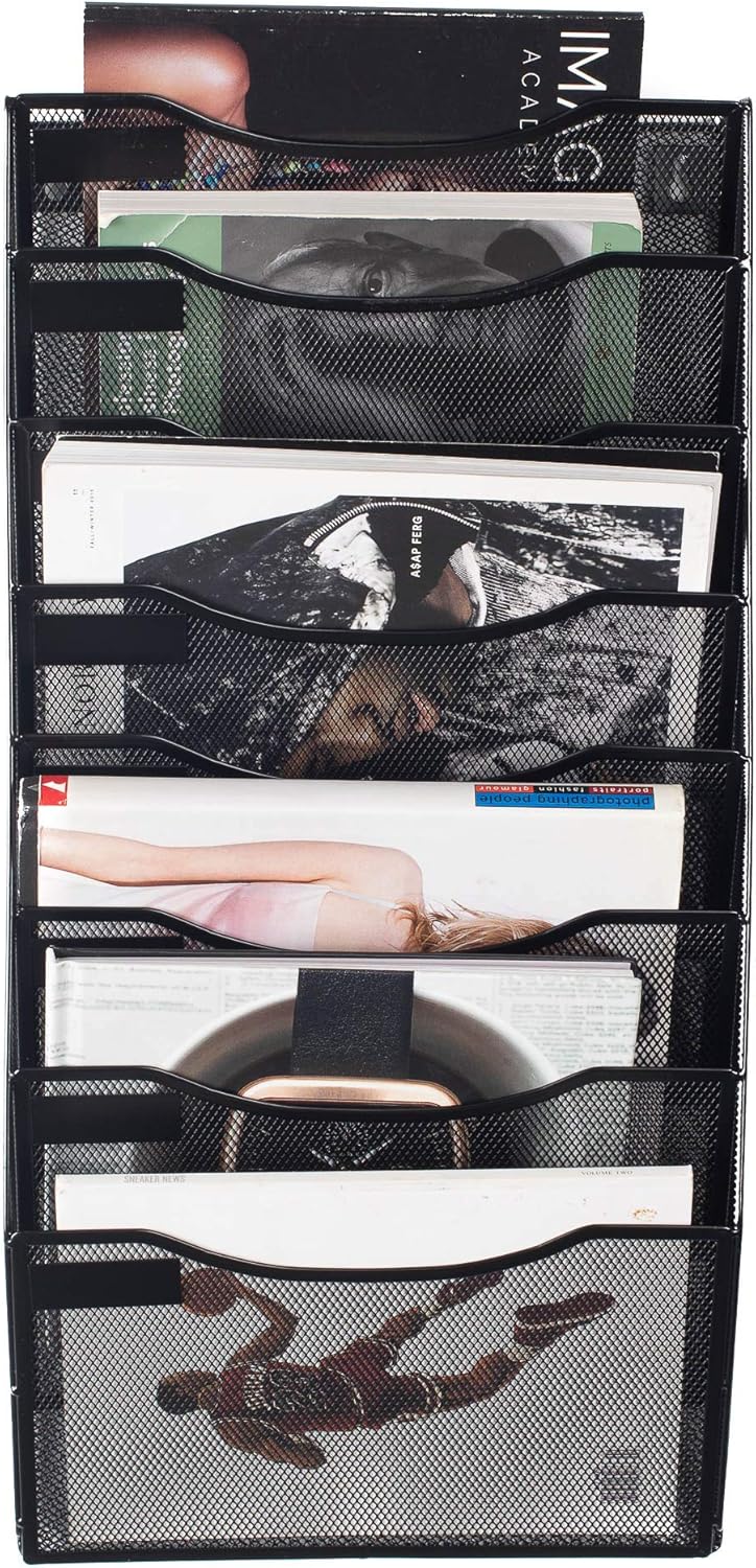 8 Section Hanging Files Wall Mounted Metal Mesh Document Organizer Magazine Holder Rack Multipurpose Use to Display Files, Magazines, Newspapers - Black