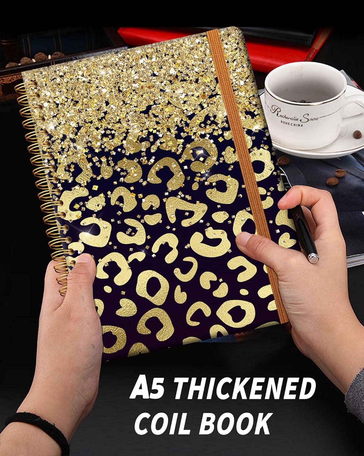 Ruled Spiral Writing Notebook,A5 Hardcover Lined College Journal for Women Lady,Fashion Puppy Watercolor Strong Twin-Wire Binding with Premium Paper,8.4" X 6",Perfect for School,Office,Home Gifts(Shiny Gold Leopard)
