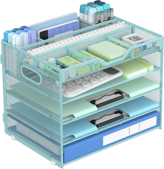 Docnest 5 Tier Mesh Desk Organizer- Letter Tray with Adjustable Compartments, Mesh Desktop Storage Built in Pen Holder and Handles, Desk Organizer Tray for Mail Documents Office Supplies-Blue