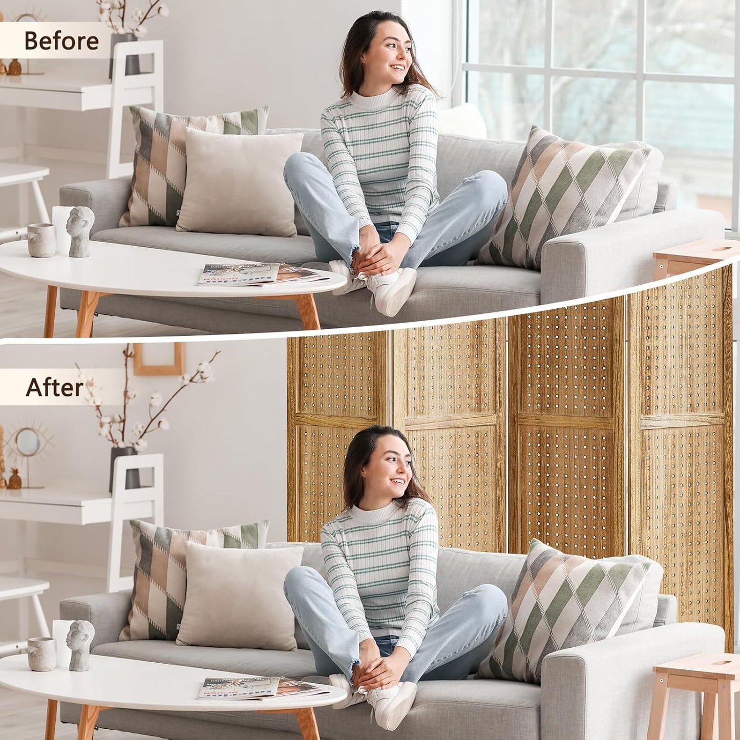 4 Panel Pegboard Display with 16 Hooks, Wooden Room Divider Wall and Folding Privacy Screens, Privacy Dividers for Rooms, Pegboard Room Divider, Jewelry Store, Bedroom, Balcony, Light Brown