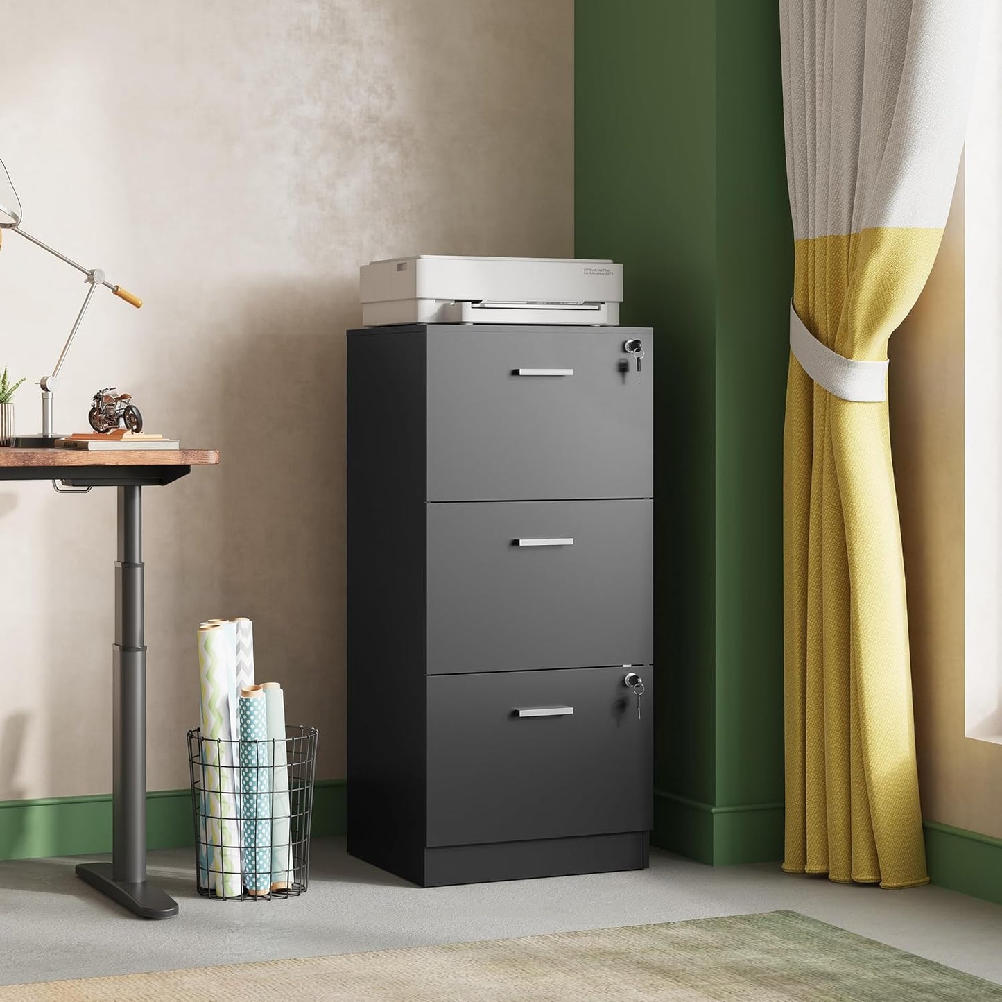 DEVAISE 3 Drawer File Cabinet with Lock, Vertical Wood Filing Cabinet for Home Office, Printer Stand for Letter and A4 Size, Black