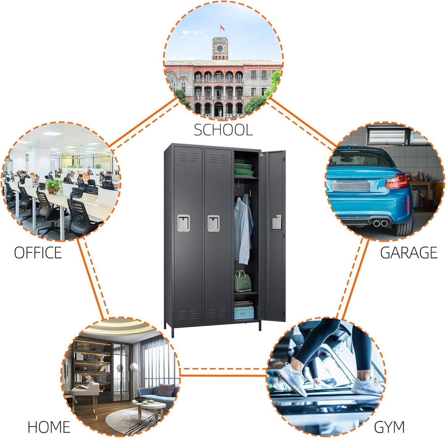 Metal Storage Locker with 3 Doors,Metal Locker for Employees with 9 Hooks for School Garage Office Gym Home,Assembly Required,Dark Grey