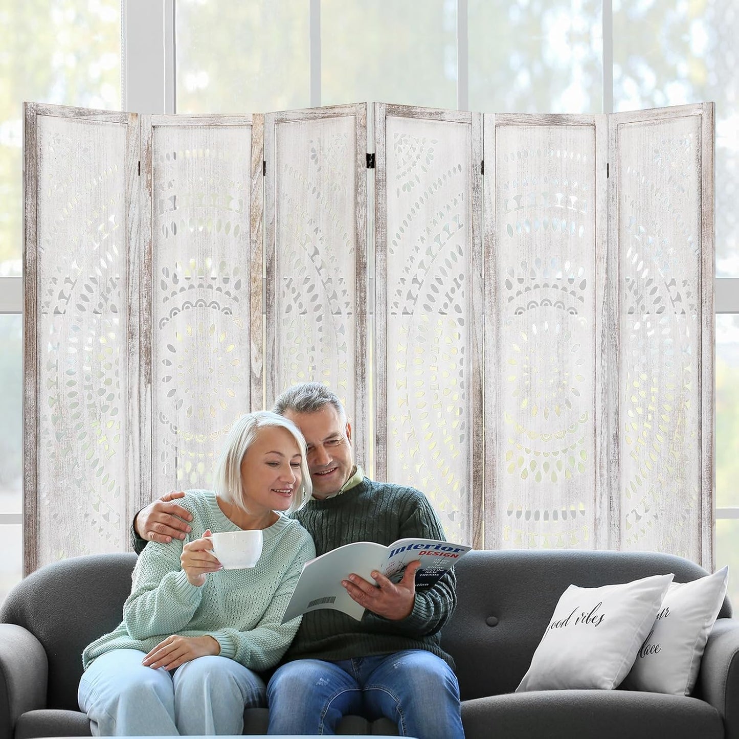 6 Panel Handcrafted Carved Room Divider Screen, 360° Adjustable Wood Folding Privacy Screens for Room Separation, 66.9 Inch Partition Room Dividers for Home Bedroom Office, White