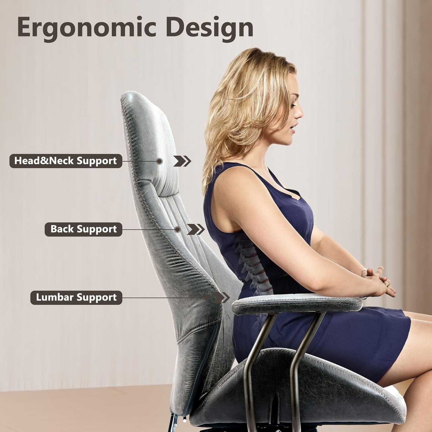 Mid Century Modren Office Chair - High Back Swivel Executive Chair with Lumbar Support,Ergonomic Computer Desk Chair with Wheels,Faux Lether Suede Task Chair,350lbs (Grey, High Back)