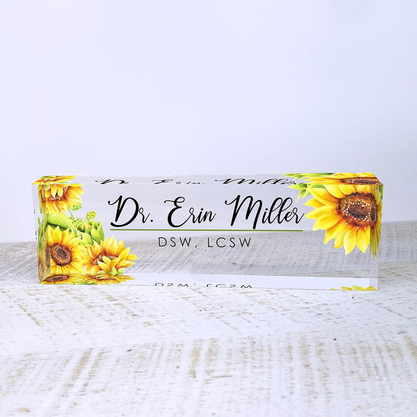 Artblox Office Desk Name Plate Personalized | Custom Name Plates for Desks | Sunflowers Design On Clear Acrylic Glass | Office Desk Decor - (8" x 2.5")