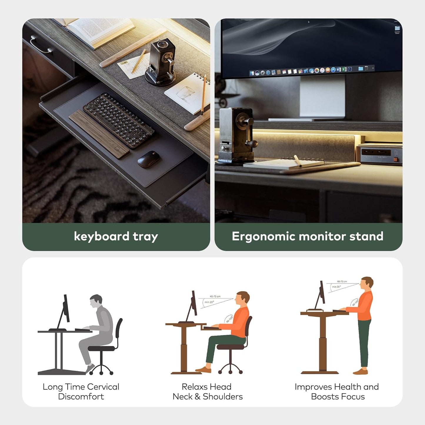 FEZIBO 48 x 24 Inch Height Adjustable Electric Standing Desk with Double Drawers&Keyboard Tray, Stand Up Desk with LED Strips&Monitor Stand,Rustic Grey Top