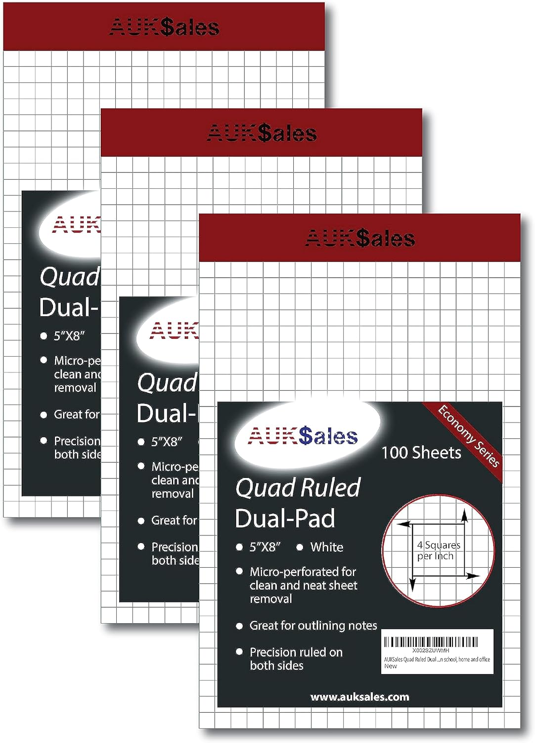 Grid Paper Pad 5x8 Inches, Graph Paper Pad 4x4, Grid Notepad, 3 Pack, 5x8 Graph Paper 1/4 Grid, Graphing Paper, Engineering Pad, 100 Sheets 200 Pages Perforated Pad for School, Home, & Office