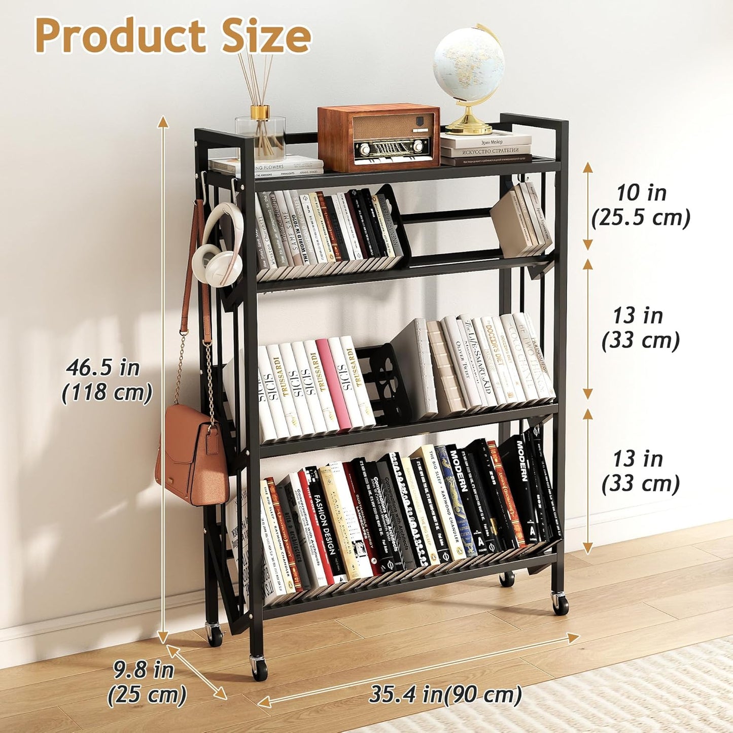 Book Carts with Wheels Library Rolling Book Cart 4 Tier Movable Bookshelf Mobile Large Capacity Organizer Rack for Teacher Classroom Office Room School (46.5'' H)