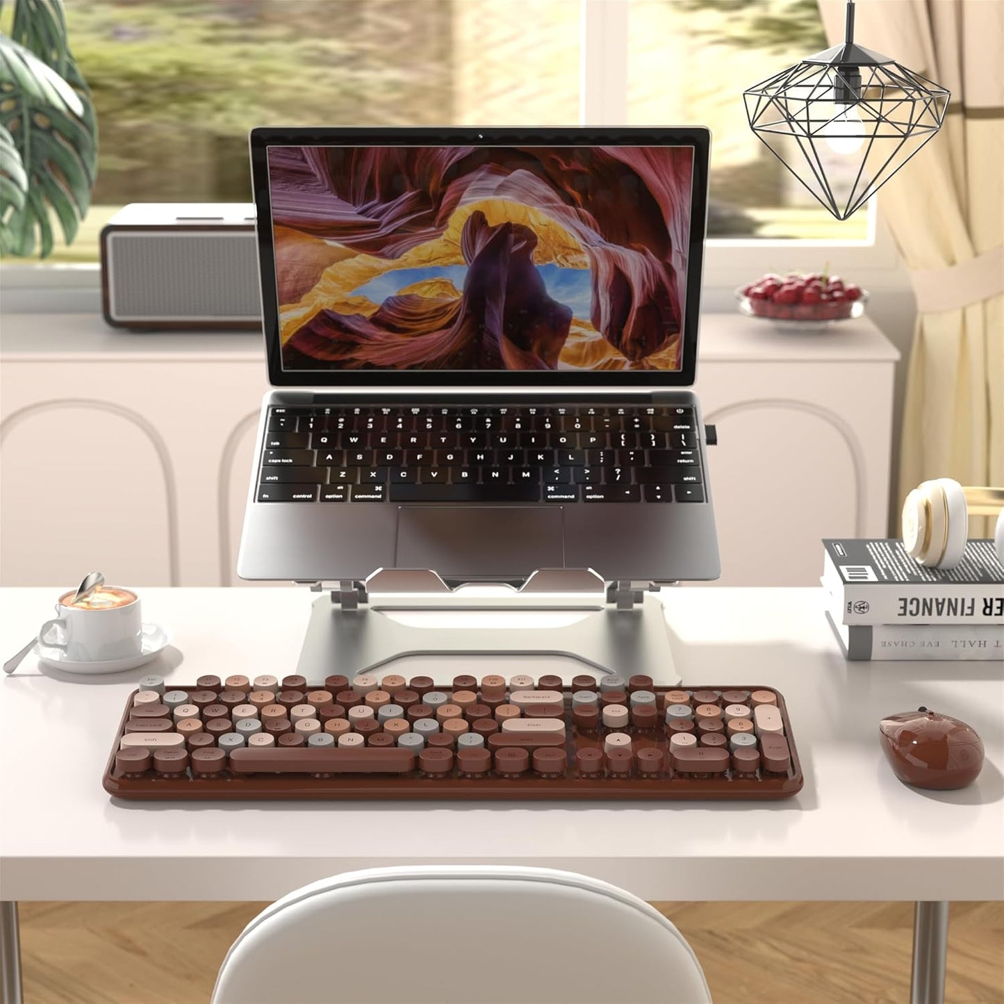 Colorful Wireless Computer Keyboard and Mouse Combo with Round Typewriter Keycaps, Retro Design, Power Switch, Ergonomic Design, 2.4GHz Wireless for Windows, Mac, PC(Coffee-Colorful)