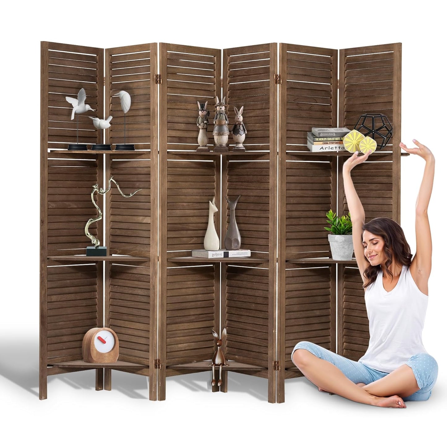 6 Panel Room Divider with Shelves, 5.6FT Folding Room Divider Screen, Free Assembled Freestanding Partition for Home Office Bedroom, Dark Brown