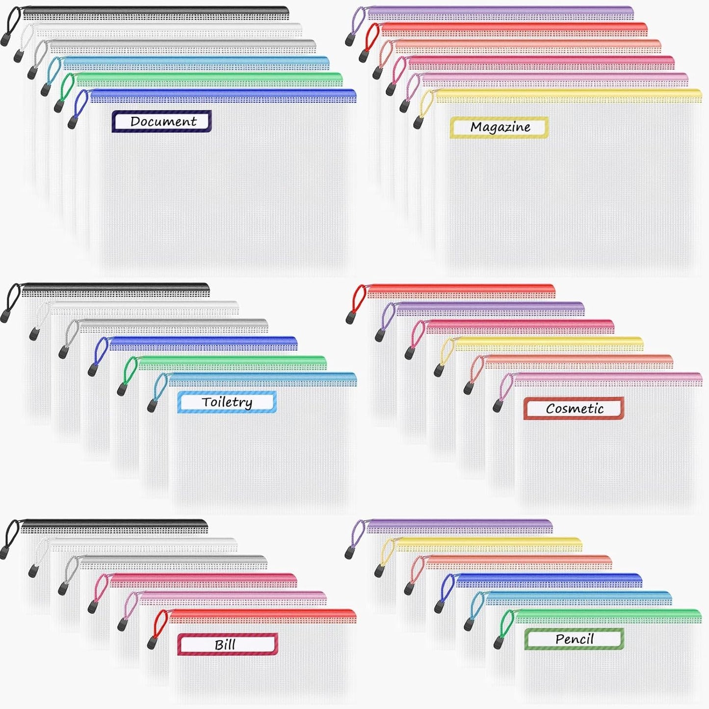 Umriox Mesh Zipper Pouch Bags, A4+A5+A6 (12 Colors, 36 Pack), Mesh Bags with Zipper, Storage Bags, Zipper Bags for Office Supplies Travel Storage