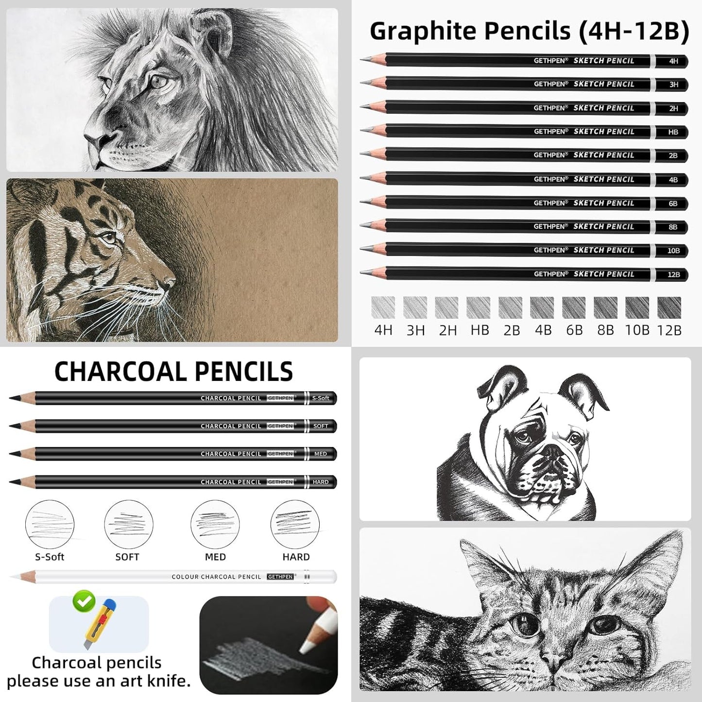 Drawing Sketching Pencil Set, 24 Piece Pro Artist Sketch Kit - Graphite Pencils (12B-4H),Charcoal Pencils for Drawing,Black and White Charcoal Pencils,Charcoal Sticks,Stumps,Eraser,Sharpeners
