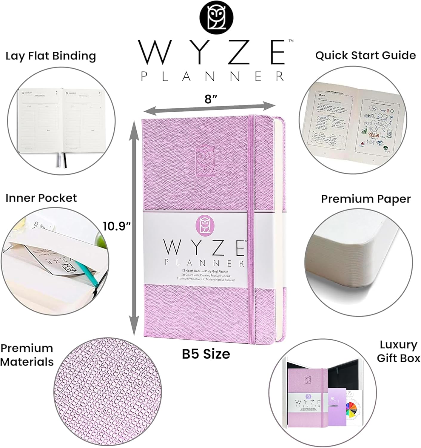 Undated Daily Planner – 1-Year B5 Productivity Organizer with Two-Page Weekly Spread, Goal Setting, Habit Tracker, Weekly & Monthly Pages – Hardcover Time Management Notebook (Lilac)