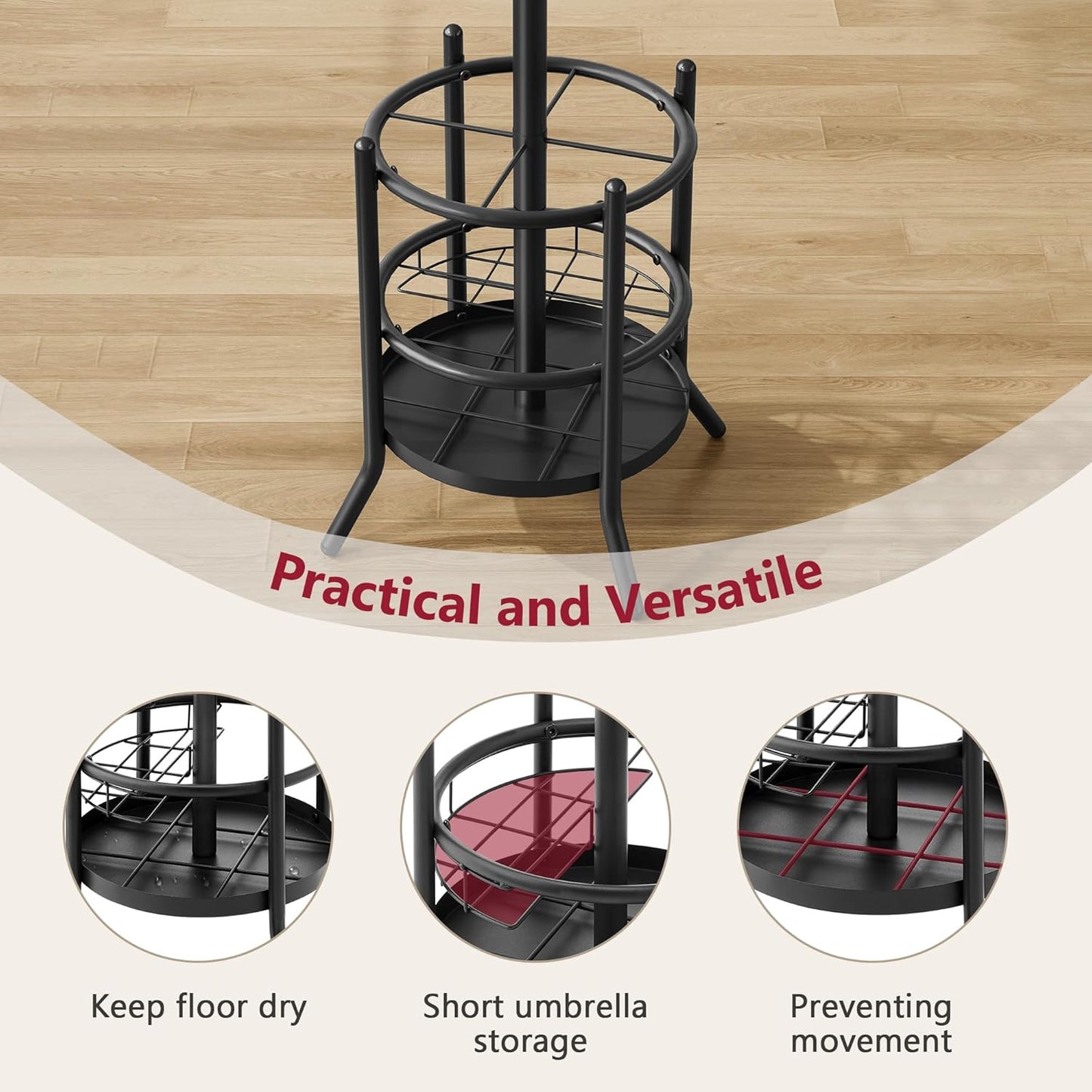 Tajsoon Coat Rack Stand with Umbrella Holder, Coat Tree Freestanding with 16 Hooks, Coat Hangers Stand for Living Room, Bedroom, Office, Black