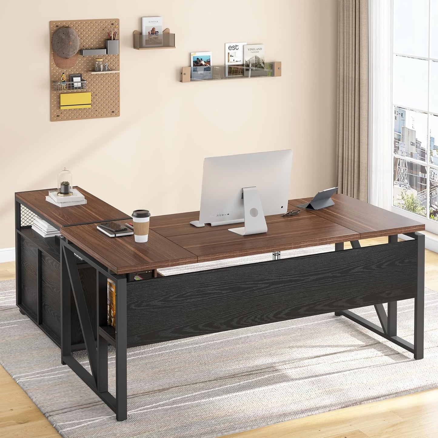Tribesigns Office Desk with Drawers Sets, 63 inches L Shaped Computer Desk with Mobile File Cabinet,Big Executive Desk for Home Office Furniture Sets (Dark Brown, 63-inch)