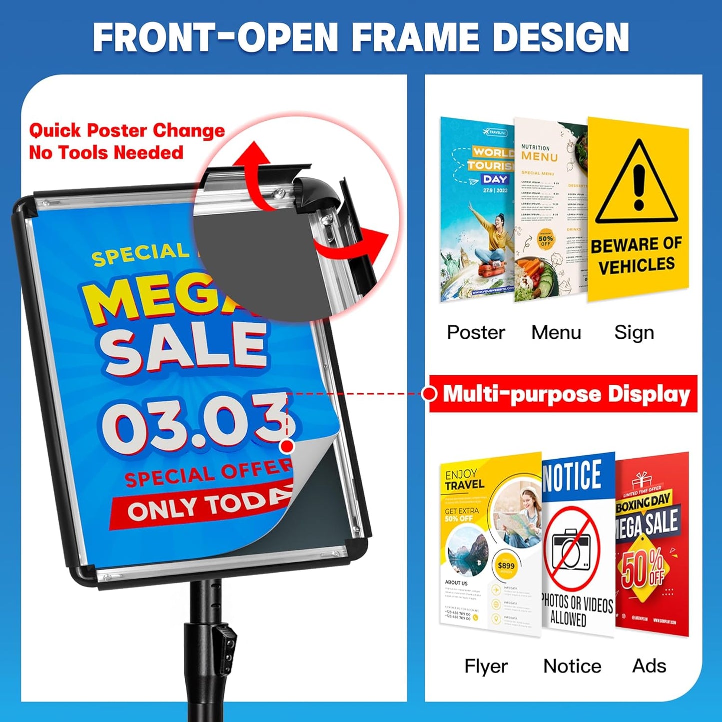 2 Pack Sign Stand for Display - Adjustable 8.5x11 Inch Floor Standing Sign Holder, Pedestal Poster Stand for Vertical&Horizontal View, Indoor&Outdoor Use for Business, Mall, Restaurant - Black