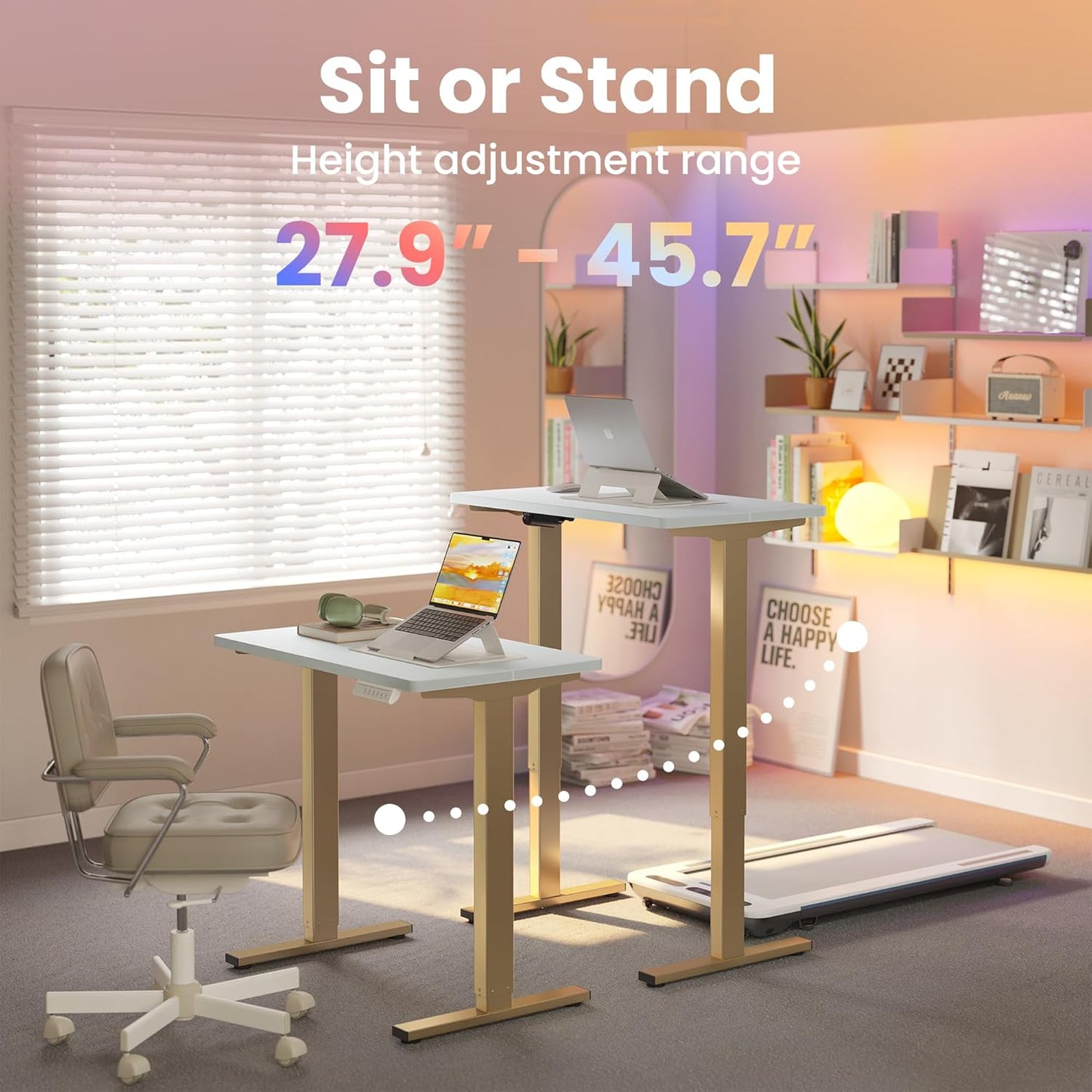 HUANUO 32" Small Electric Standing Desk Adjustable Height, 4 Memory Height Settings, Sit Stand Up Desk for Home Office & Computer Workstation, White and Gold Frame