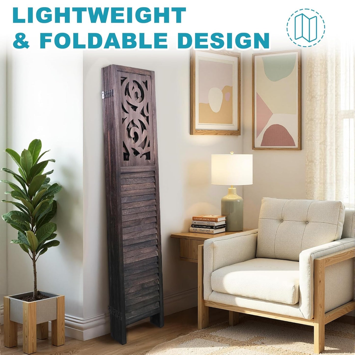 6 Panel Room Divider, 5.6FT Folding Carved Room Divider Screen, Free Assembled Freestanding Partition for Home Office Bedroom, Brown