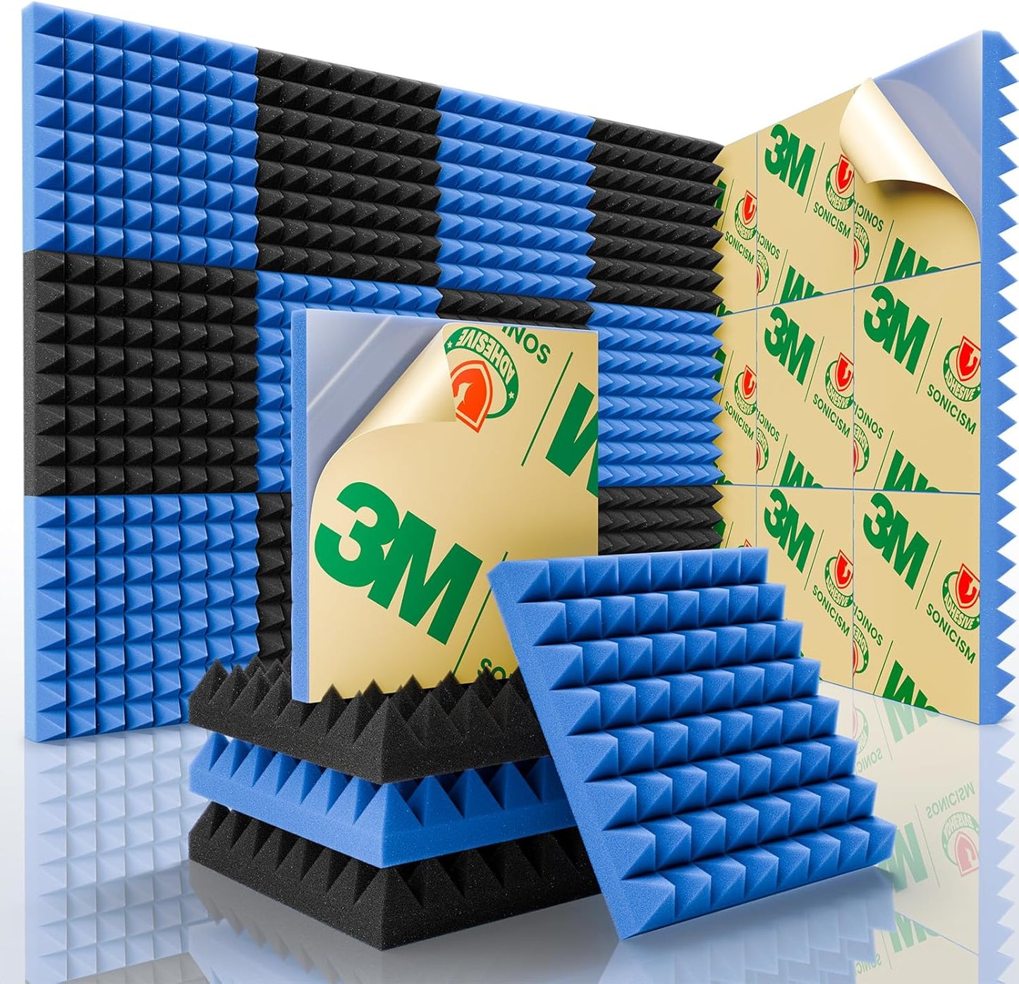 Sonicism Sound Proof Foam Panels for Walls Self-Adhesive Pyramid 12 Pack,2"X 12"X 12" Acoustic Panels,35kg/m³High Density Soundproof Wall Panels Fast Expand,Sound Absorption & Decoration(Black/Blue)