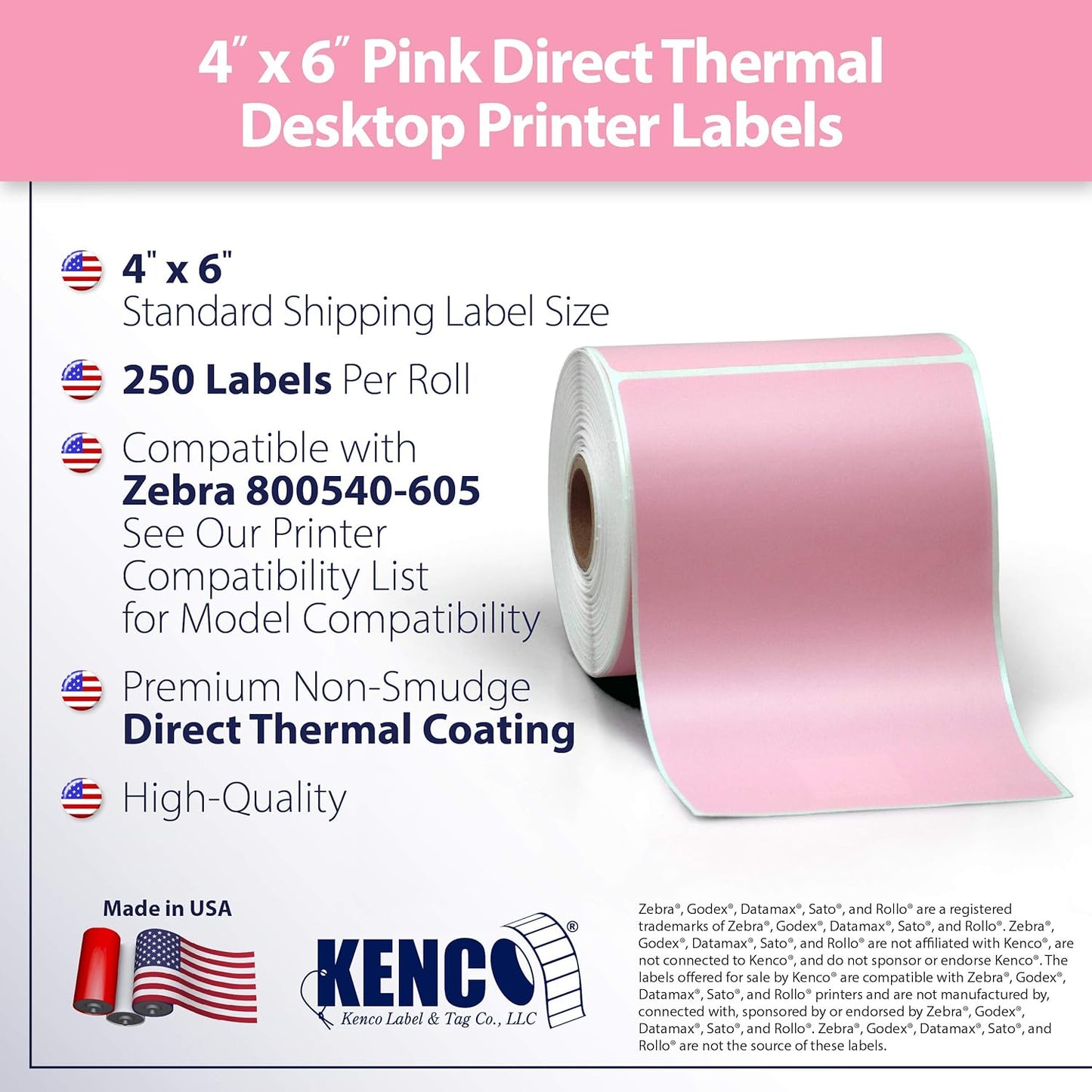 4" X 6" Direct Thermal Perforated Stickers Labels for Shipping Labels, Inventory, and Color Coding - Compatible with Zebra, Rollo, Godex and More (Pink, 6 Rolls)