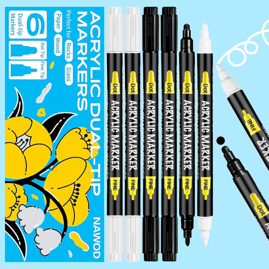 6 White and Black Acrylic Paint Pens Markers, Dual Tip (Fine 1mm + Dot 5mm), Acrylic Permanent Marker for Rock Painting Fabric Canvas Glass Wood Leather Ceramic Paper DIY, Ideal for Kids and Adults