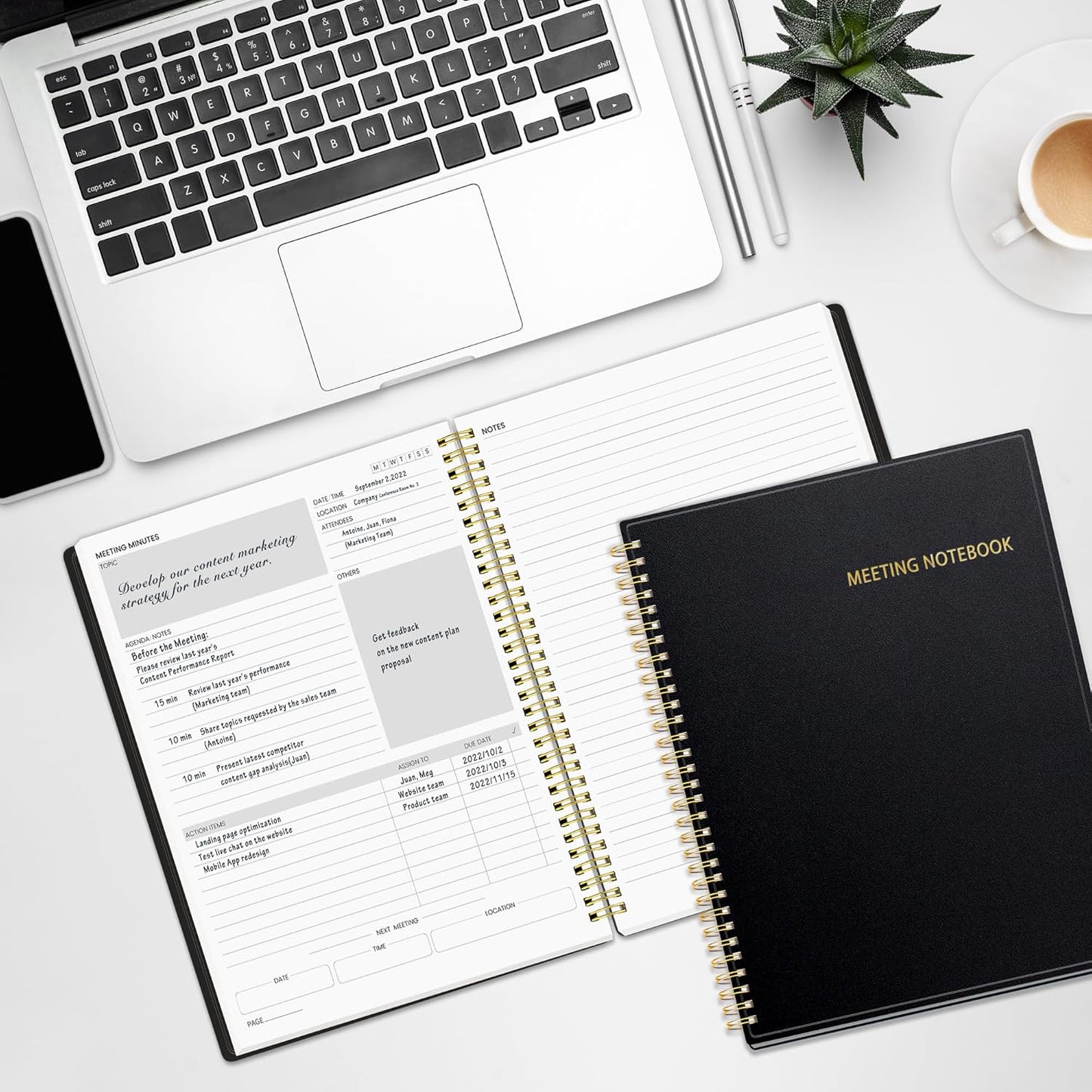 SUNEE Half Meeting Half Note - 8.5"x11" Professional Notebooks for Work - 160 Pages, A4 Size Project Planner, Spiral Meeting Agenda/Minutes Organizer for Women Men, Note Taking, Office & Business