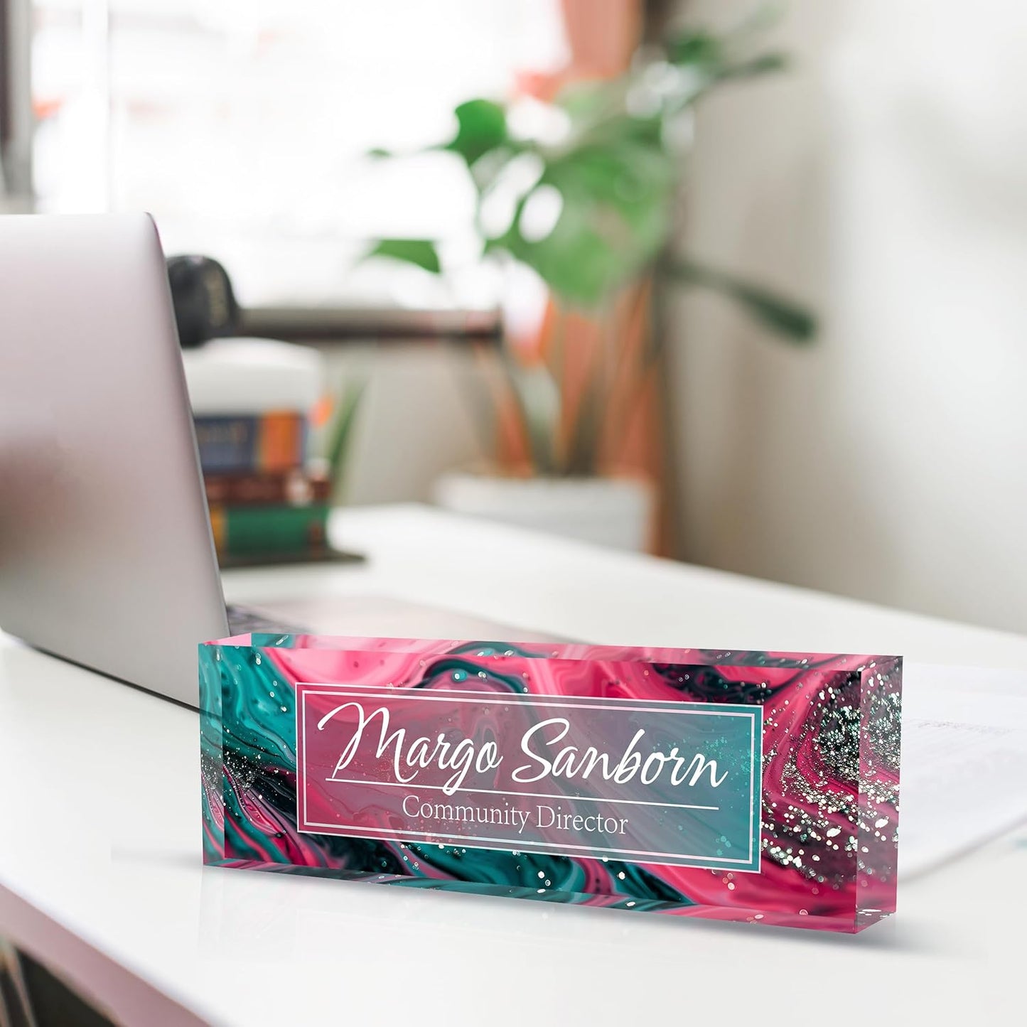 Personalized Name Plate for Desk, Custom Desk Name Plate, Acrylic Name Plate Office Desk Accessories, Personalized Office Gifts for Coworkers Teachers, Employee Appreciation Gifts (C-Teal Spark)