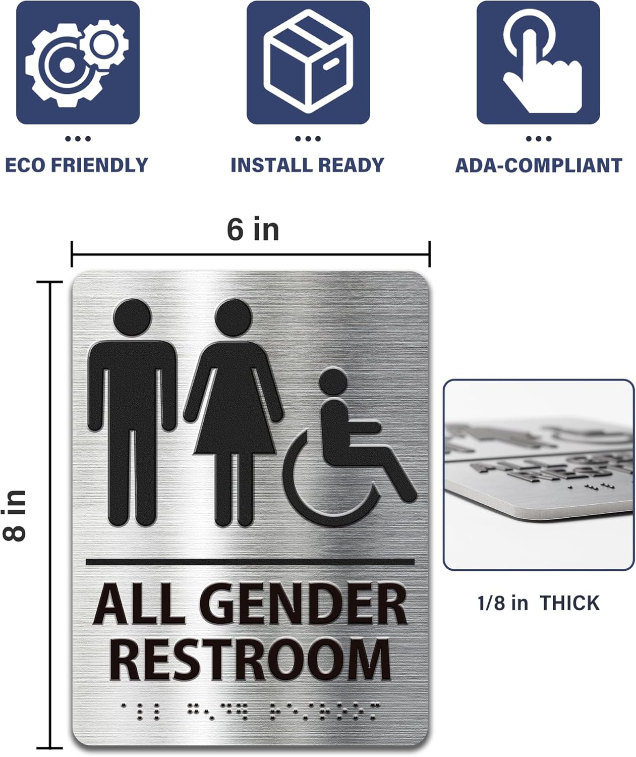 ADA-Mark Modern Restroom Sign for Business -2PK ADA Compliant Braille Bathroom Sign with Easy Installation - 6" W x 8" H