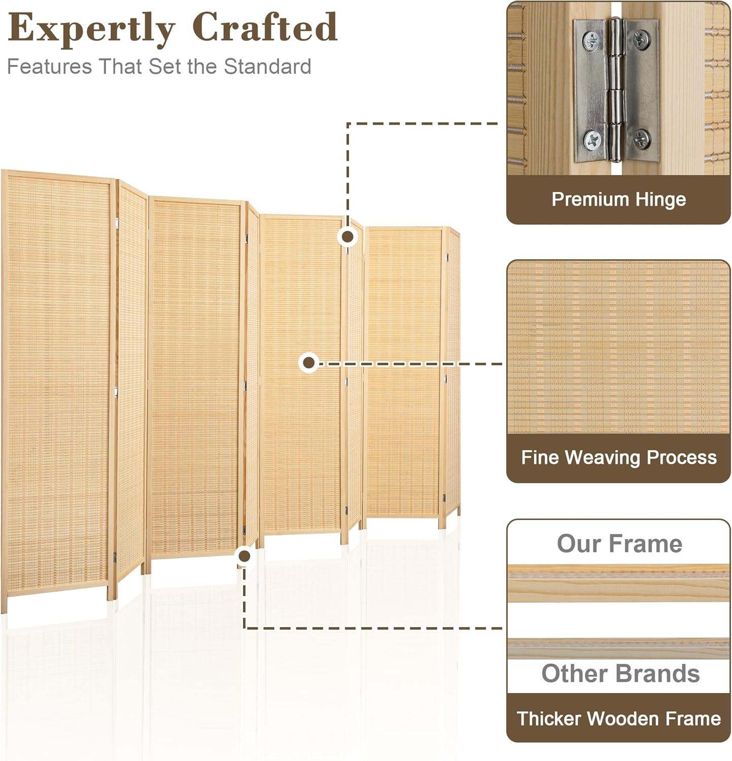 WelFurGeer 8 Panel Bamboo Room Divider, Folding Privacy Screen for Room Separation, Natural Wood Room Partitions and Dividers, Patio Privacy Panels, Decorative Wall Divider for Home, Office, Studio