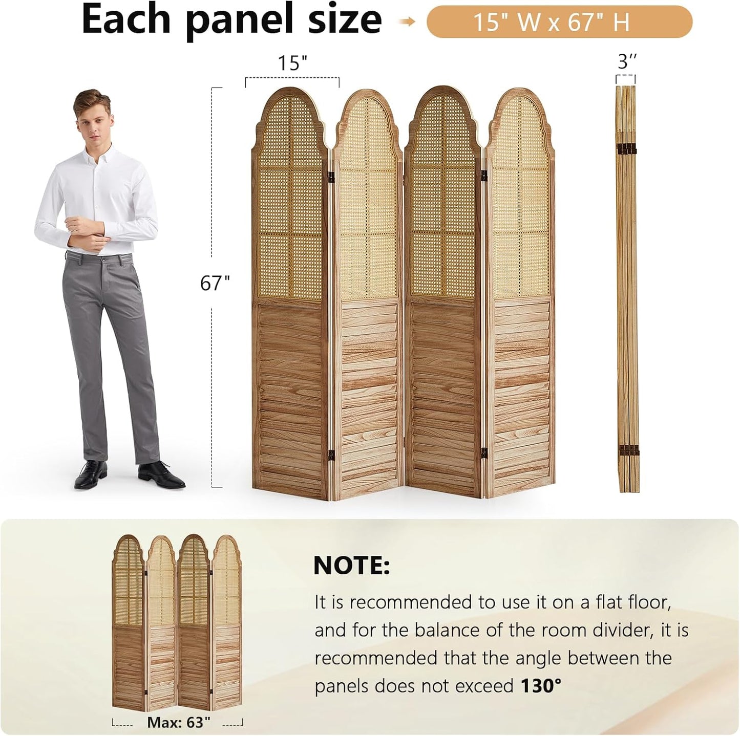 4 Panel Rattan Room Divider Panel, 5.6Ft Partitions and Dividers, Louvered Partition Divider, Room Dividers Screen, Solid Wood Frame, Folding Screen, Bedroom, Family Room, Light Brown