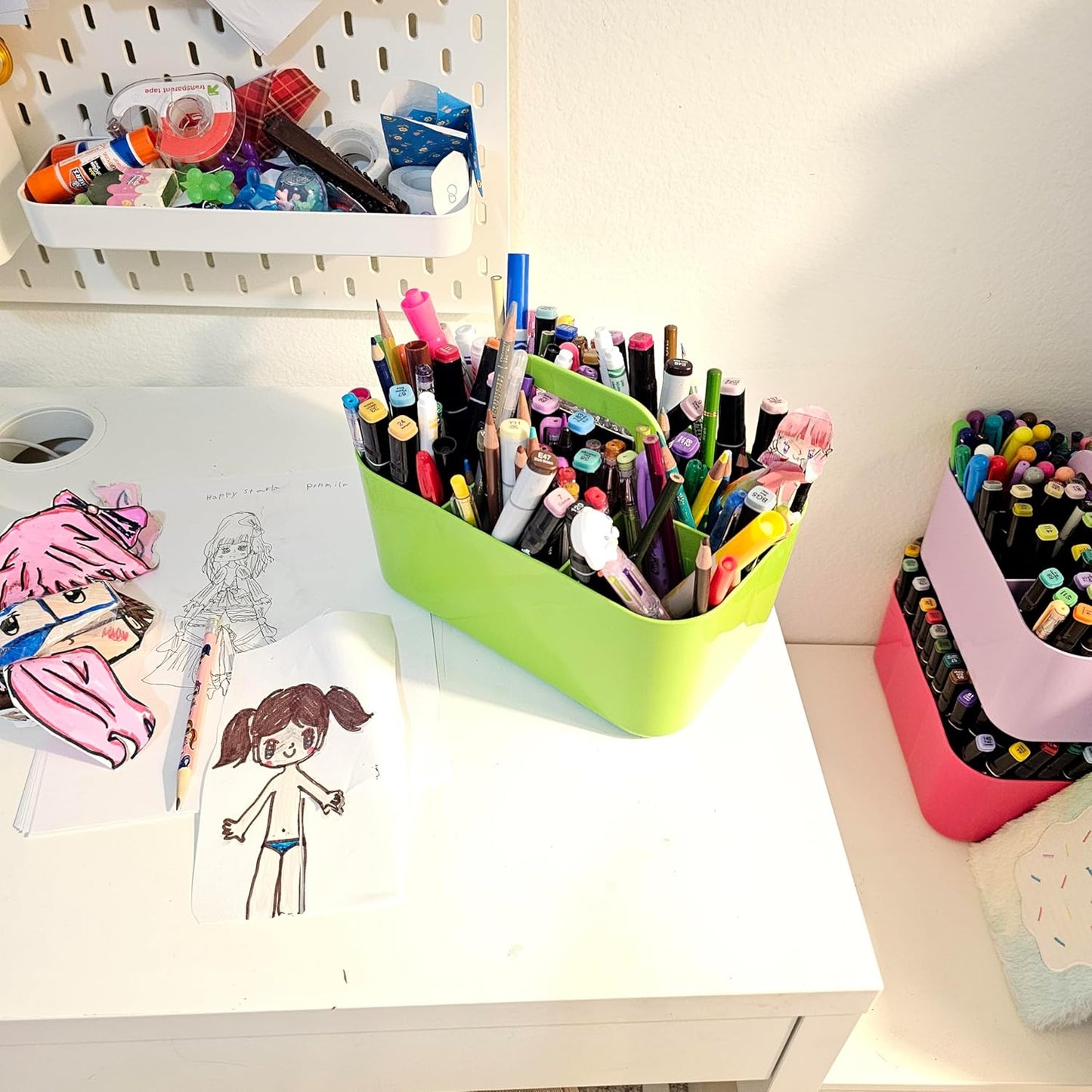 2 Pack Small 6 Compartment Multiuse Caddy Organizer with Handle Art Craft Supplies, Office, Desk, Stationery Pen Holder Stackable- Made In USA (Orange/Green)