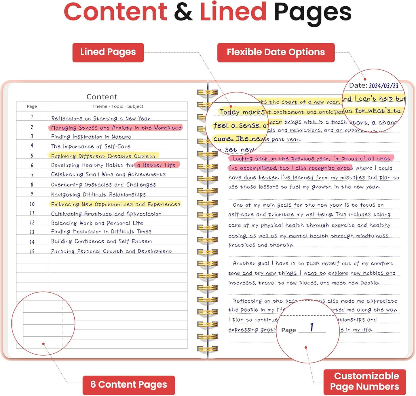 Taja Lined Spiral Journal Notebook for Work, 6 Pack, 140 Pages, College Ruled Hardcover Notebook Journal for Women, 6 Pcs, Journals for Writing, A5(6"x8") - Pink