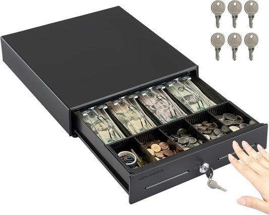 Volcora 13" Manual Push Open Cash Register Drawer for Point of Sale (POS) System, Black Heavy Duty Till with 4 Bills and 5 Coin Slots, Key Lock with Removable Coin Tray and Double Media Slots
