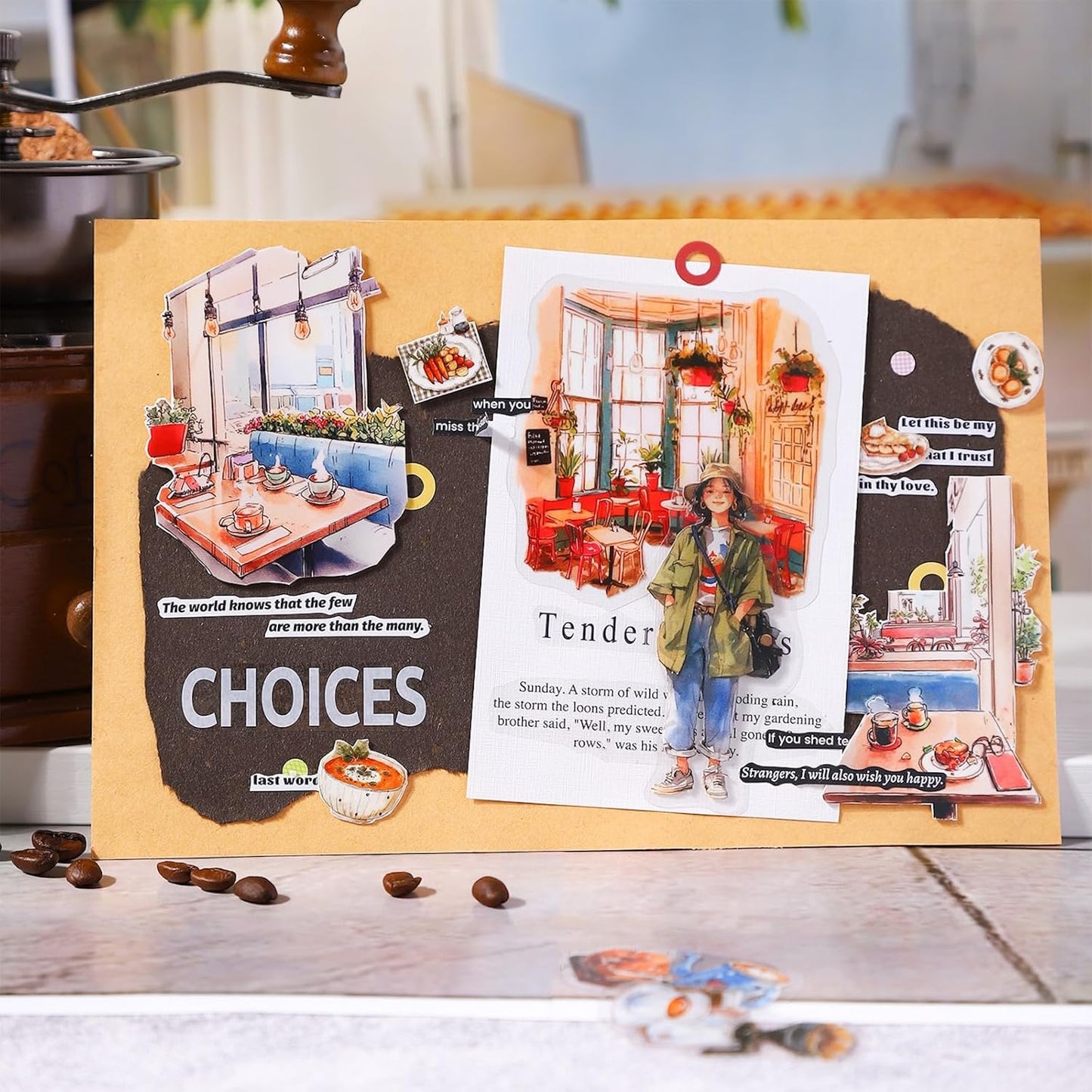 Coffee Memories PET Stickers, 120 PCS Vintage Cafe Scene Stickers for Scrapbook, Journals, Planners and DIY Craft Decoration