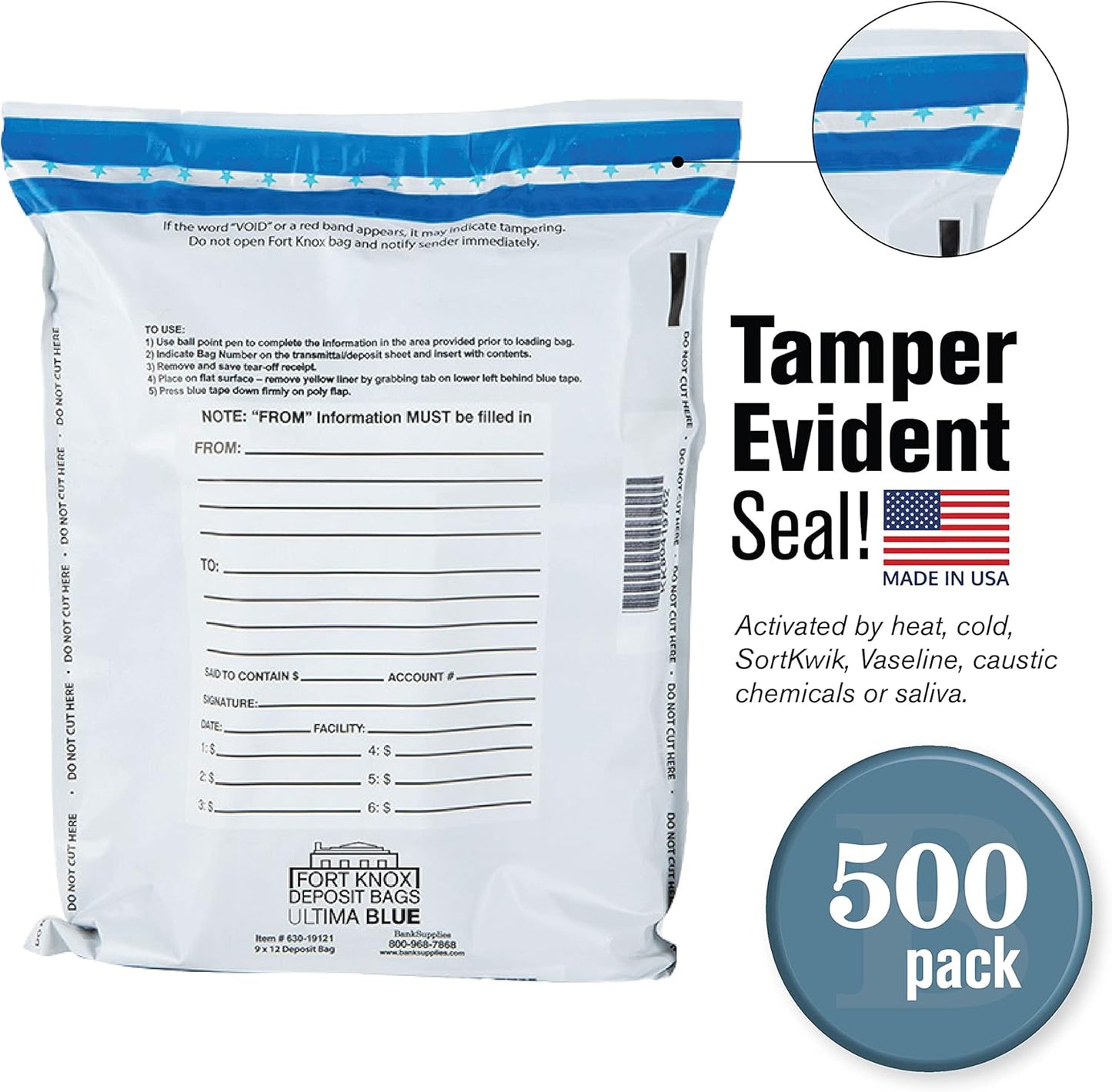 BankSupplies Ultima Blue Dual Pocket White Deposit Bags |15W x 20H | Pack of 500 | Transit, Transfer, Valuables | Tamper Evident Tape | Captive Flap Closure | Security Deposit Bag