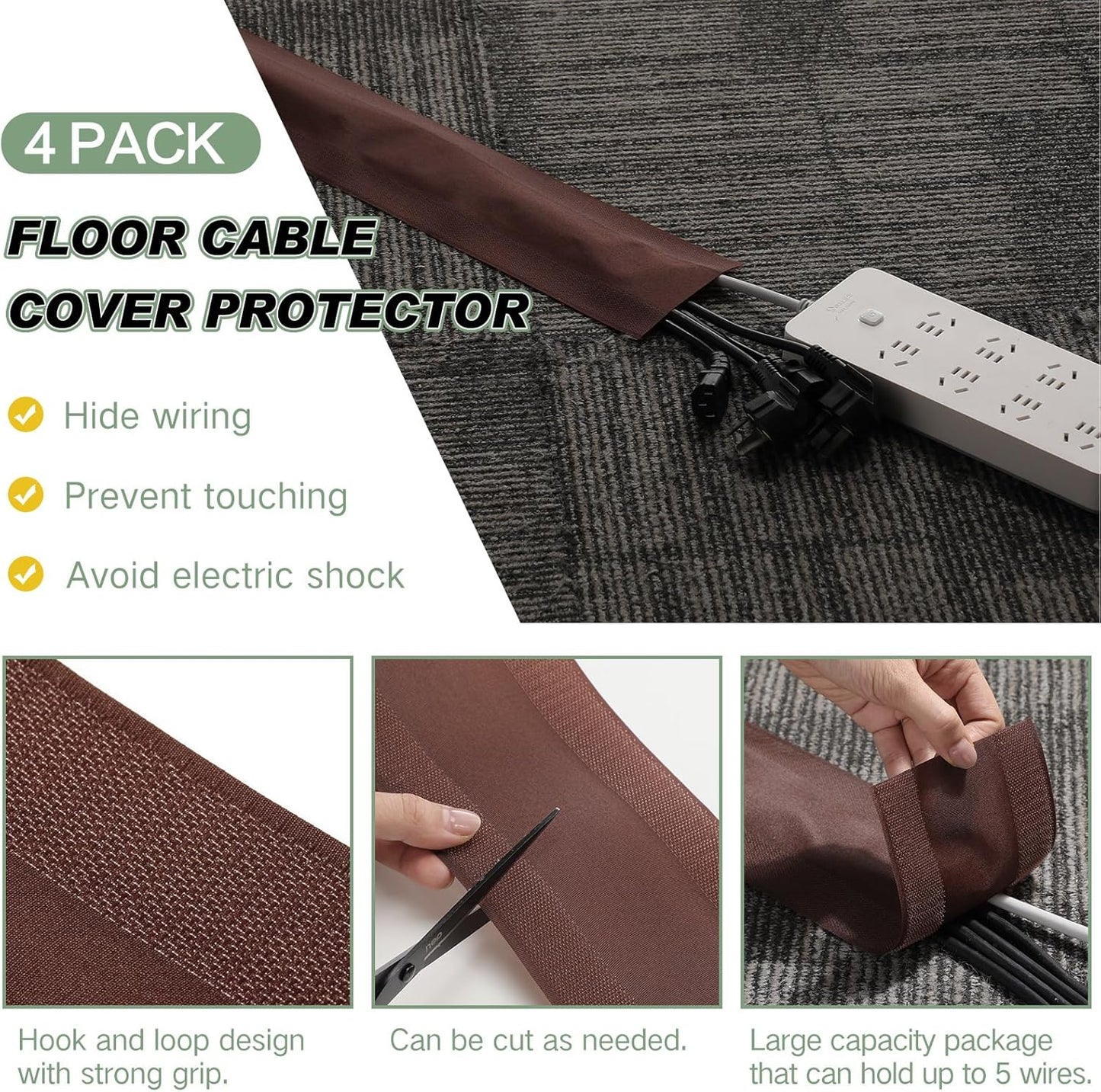 WILLBOND Grip Floor Cable Cover Cords Protector Management Only for Commercial Office Carpet(19.69 ft,Brown)